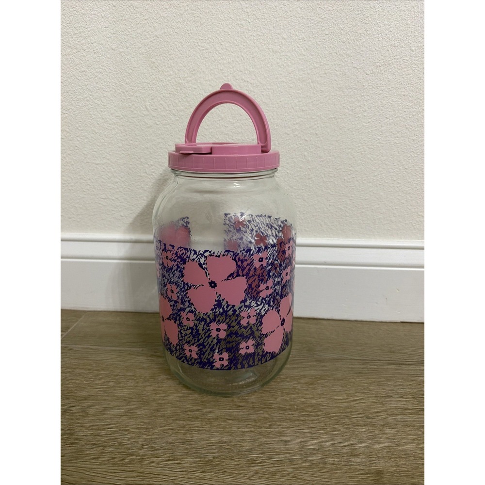 Vintage Sun Tea Glass Jar Pink and Purple Floral Flip Top Lid 1 Gallon Retro 92'